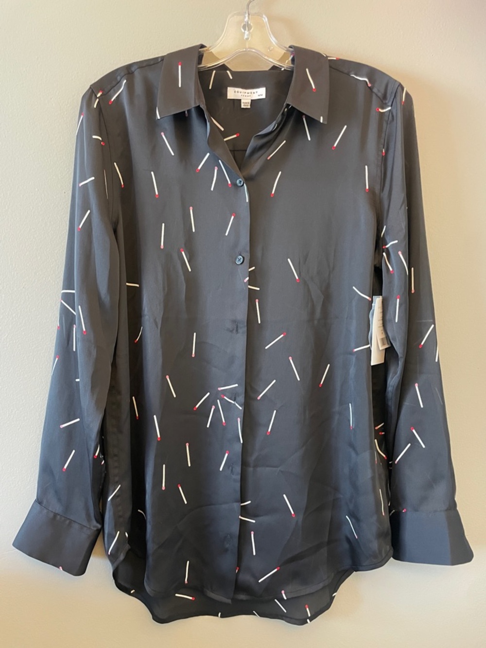 Equipment Black Satin Shirt with Red and White Matchstick Motif